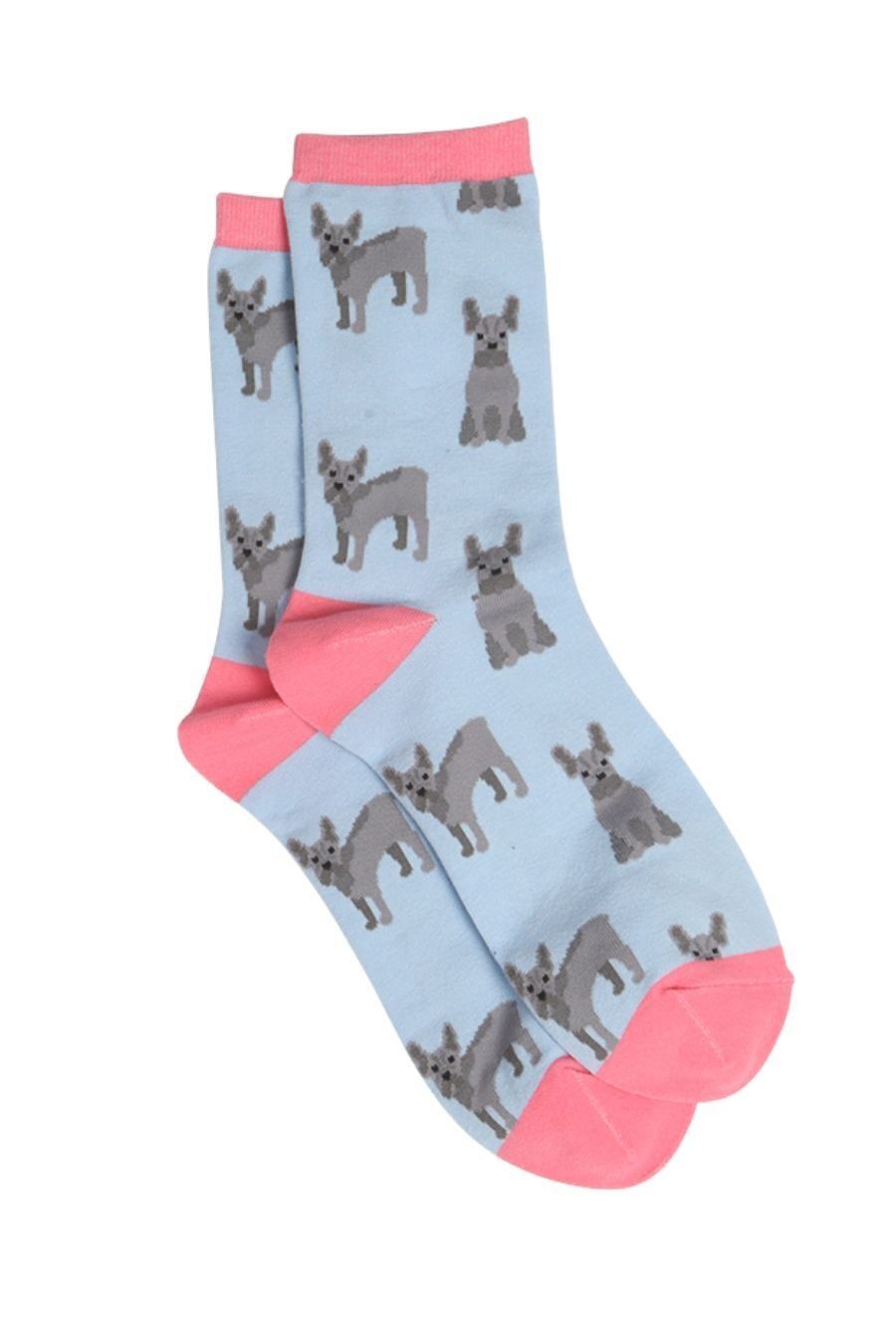 Damen-Hundesocken aus Bambus, französische Bulldogge, Neuheits-Söckchen, Blau/Rosa