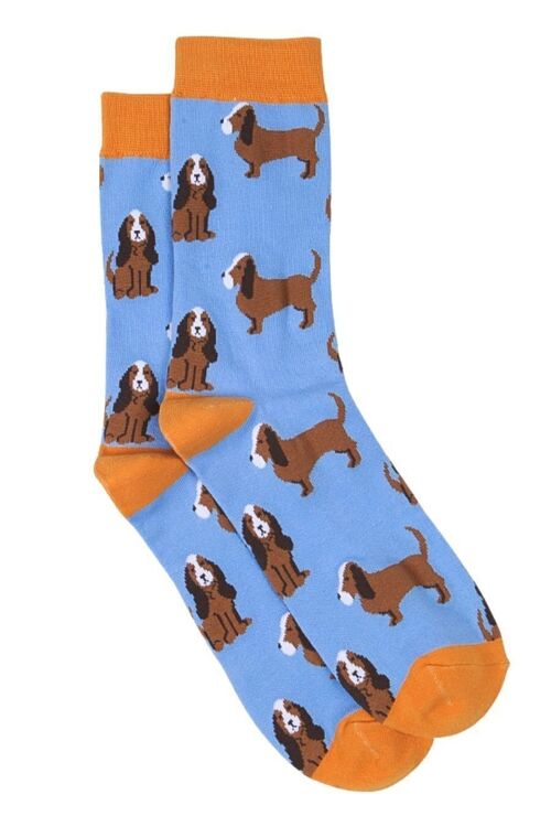 Mens Bamboo Dog Socks Basset Hound Print Novelty Dress Socks Blue Mustard