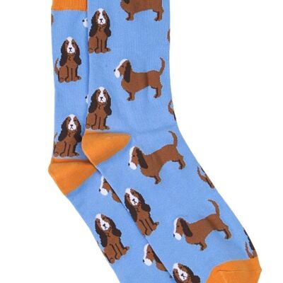 Calcetines de bambú para hombre con estampado de perro Basset Hound, calcetines de vestir novedosos, color azul mostaza