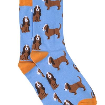 Calcetines de bambú para hombre con estampado de perro Basset Hound, calcetines de vestir novedosos, color azul mostaza