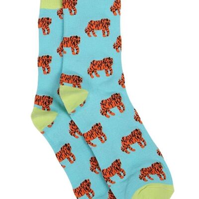 Calcetines de bambú para hombre con estampado de tigre, calcetines de vestir novedosos con animales, color verde turquesa