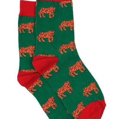 Calcetines de bambú para hombre con estampado de tigre, calcetines de vestir novedosos con animales, rojo y verde