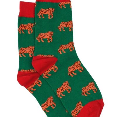 Calcetines de bambú para hombre con estampado de tigre, calcetines de vestir novedosos con animales, rojo y verde