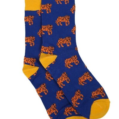 Calcetines de bambú para hombre con estampado de tigre, calcetines de vestir novedosos con animales, azul marino y amarillo