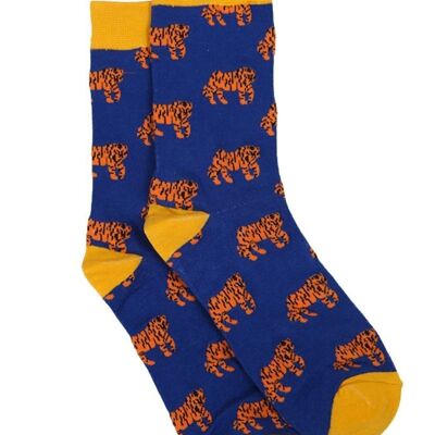 Calcetines de bambú para hombre con estampado de tigre, calcetines de vestir novedosos con animales, azul marino y amarillo