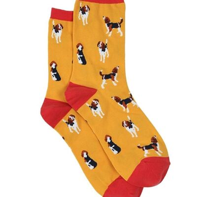 Womens Bamboo Beagle Dog Socks Novelty Ankle Socks Mustard Red