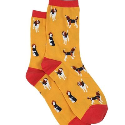 Womens Bamboo Beagle Dog Socks Novelty Ankle Socks Mustard Red