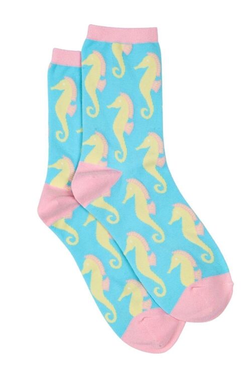 Aqua Pink Womens Seahorse Print Bamboo Socks