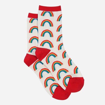 Chaussettes en bambou arc-en-ciel pour femmes, chaussettes fantaisie, rouge et blanc