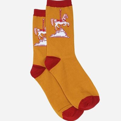 Womens Cotton Ankle Socks Horse Print Carousel Mustard Red