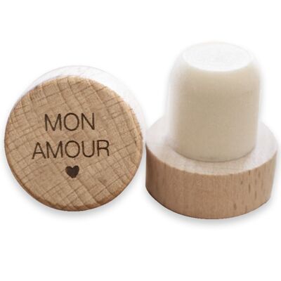 Wiederverwendbarer Weinstopfen aus Holz mit Gravur „Meine Liebe“.