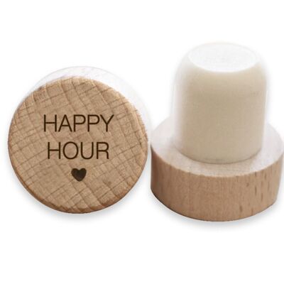 Wiederverwendbarer gravierter Weinstopfen aus Holz „Happy Hour“.
