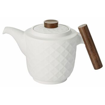 Théière "Minja" blanche, en porcelaine, avec manche en bois et bouton de couvercle - 1200ml