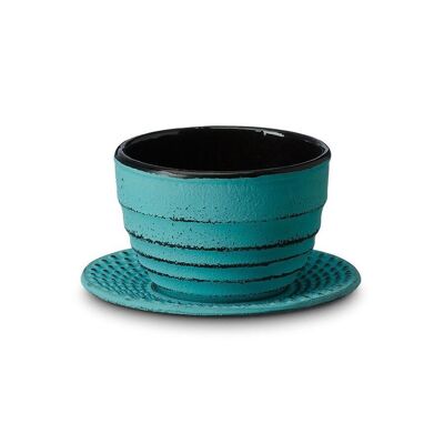 Tea cup "Nanling" with coaster, turquoise, enamelled cast iron - 120ml
