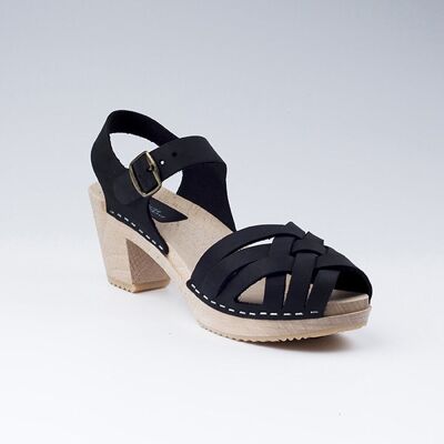 Braided sandal clog in black oiled leather
