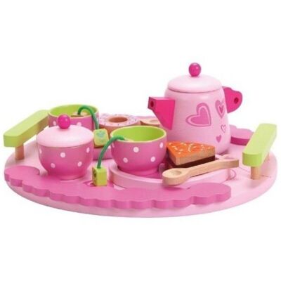 Set da tè rosa in legno per bambini (gioco simbolico)