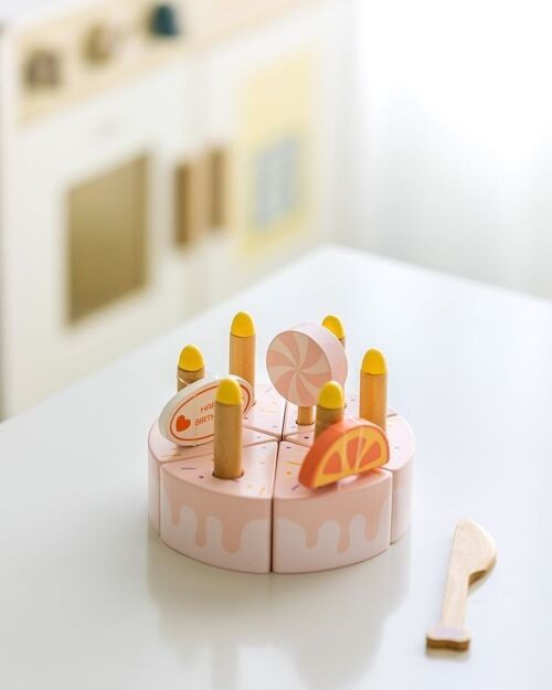 Pastel de cumpleaños de madera, juguete infantil para cocinitas (juego simólico)