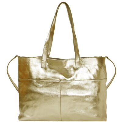 Borsa tote orizzontale in pelle metallizzata dorata