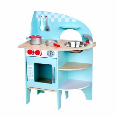 Blue wooden kitchen for children, symbolic game