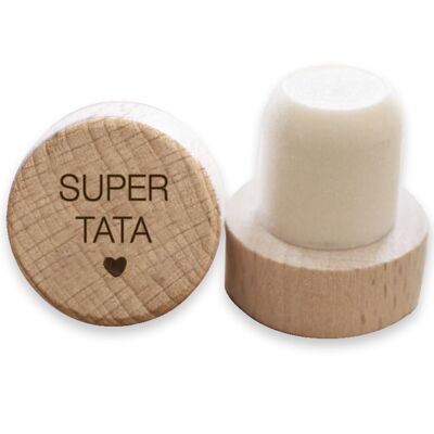 Tapón de vino de madera grabado Super Tata