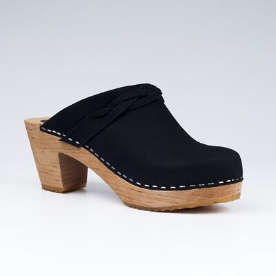 Black clog with a decorative braided strap on the instep