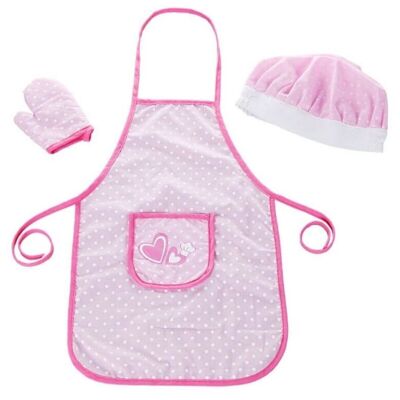 Pink apron, hat and mitten set for Nilos (symbolic game)