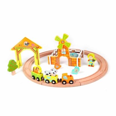Bauernhof-Eisenbahn-Set aus Holz. Kinderspielzeug