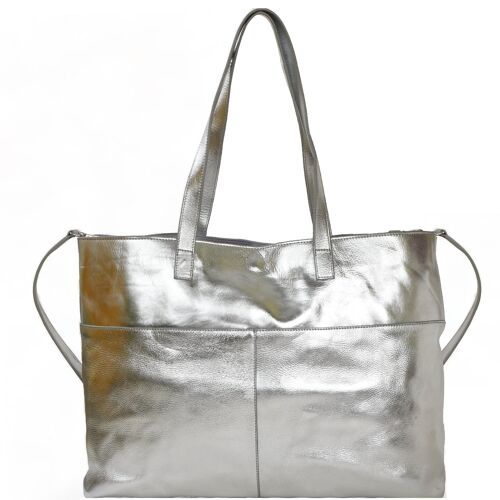 Silver Metallic Horizontal Leather Tote