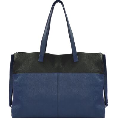 Tote de cuero granulado suave horizontal en dos tonos azul real