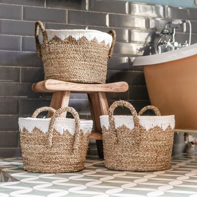 Round seagrass basket with white cotton ribbons WAIGEO (3 sizes) decorative basket laundry basket storage basket