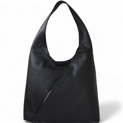 Black Leather Zip Shoulder Hobo Bag