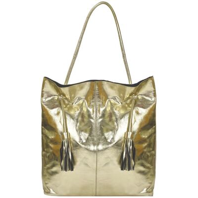 Bolso Hobo De Cuero Metálico Con Cordón Dorado