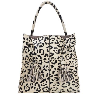 Ivory Animal Print Drawcord Leather Hobo Shoulder Bag