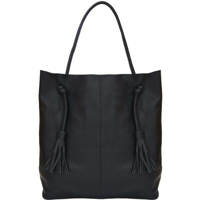 Black Drawcord Leather Hobo Shoulder Bag