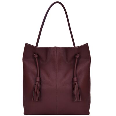 Burgundy Drawcord Leather Hobo Shoulder Bag