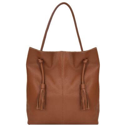 Tan Drawcord Leather Hobo Shoulder Bag