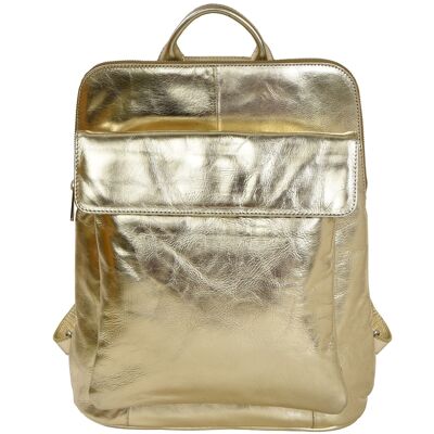 Goldfarbener Rucksack aus Metallic-Leder mit Klappe