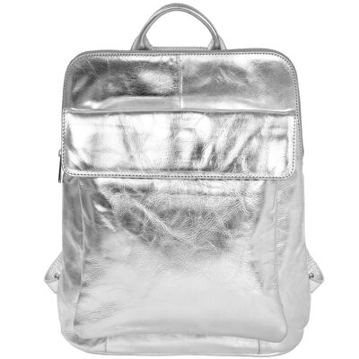 Rucksack aus silberfarbenem Metallic-Leder mit Klappentasche