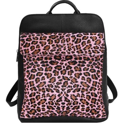 Pink Animal Print Leather Flap Pocket Backpack