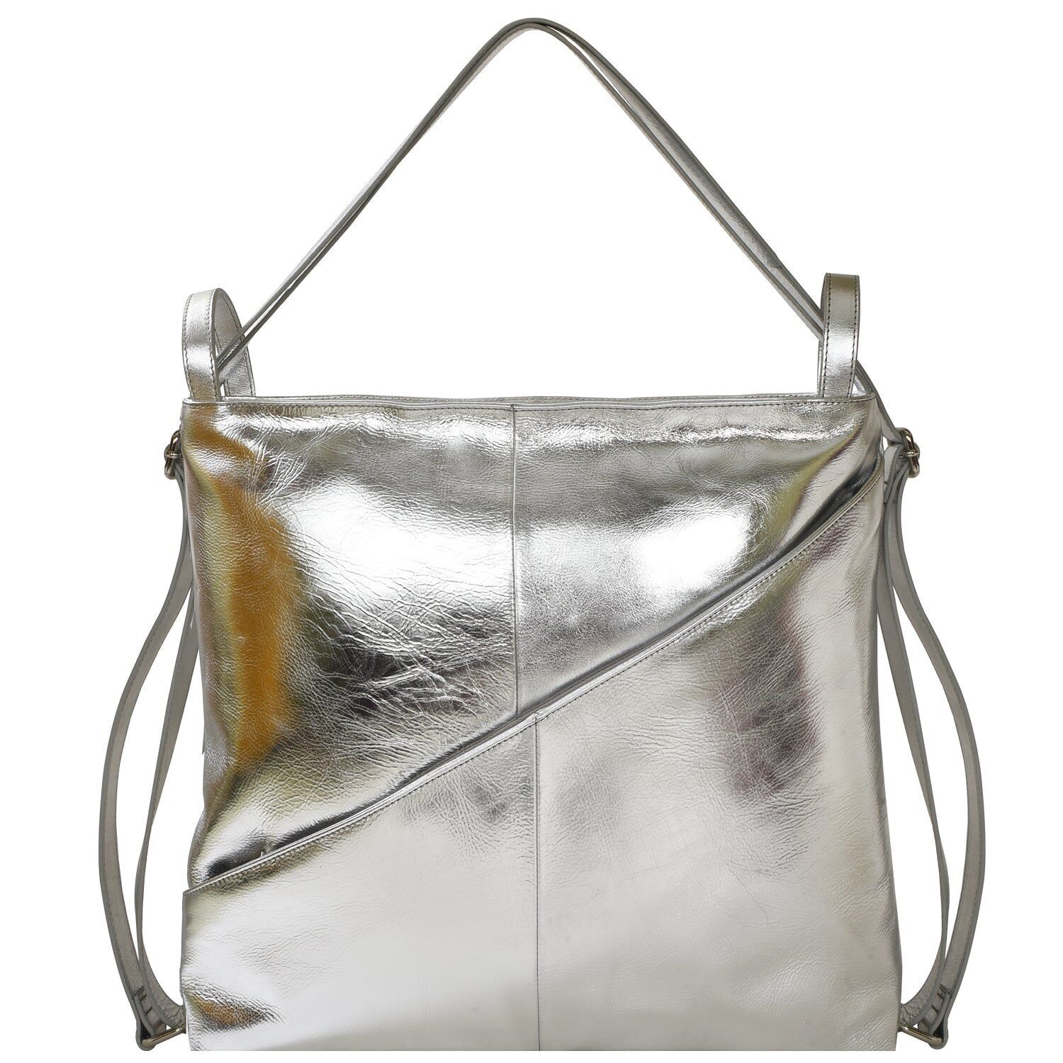 Silver Metallic Leather Convertible Tote Backpack