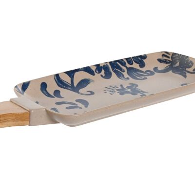Tablett aus Bambus-Steinzeug, 33,5 x 11 x 2,3, floraler, blauer Griff PC209969