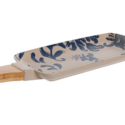 Tablett aus Bambus-Steinzeug, 33,5 x 11 x 2,3, floraler, blauer Griff PC209969