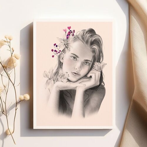 Affiche d'art illustration portrait A4 "Flower dreamer IV Romance" - tirages limités et signés