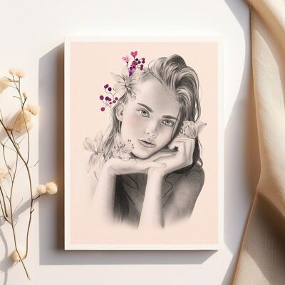 Poster artistico con illustrazione ritratto A4 "Flower Dreamer IV Romance" - stampe limitate e firmate