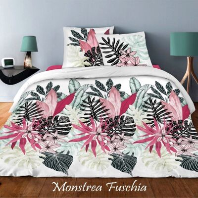 PARURE HOUSSE DE COUETTE 3PCS 240X220CM 100%COTON 57FILS MONSTERA FUSCHIA