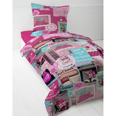 2 PCS DUVET SET 140X200 100% COTTON HAPPY DRAWING PINK SHOPPING