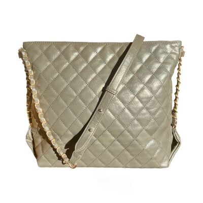 Gray quilted tote bag with chains