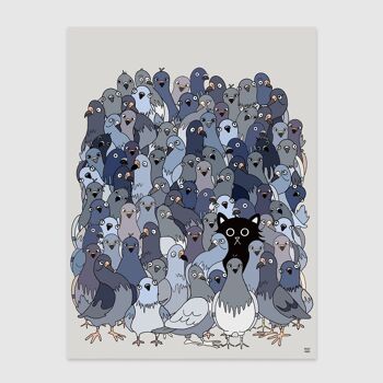Chat parmi les pigeons 1 Wall Art Print A4 et A3 1