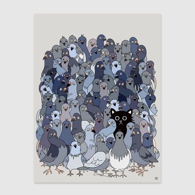 Chat parmi les pigeons 1 Wall Art Print A4 et A3