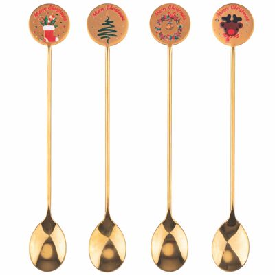Set of 4 gold Christmas spoons with drawing, Xmas